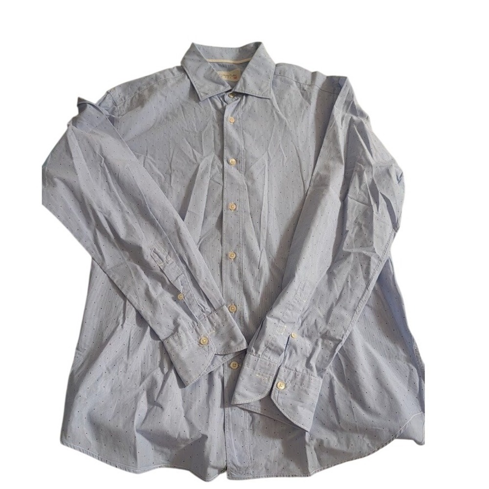 Tintoria Mattei Mens Dress‎ Shirt Blue Polka Dot Patterned Long Sleeve Casual
